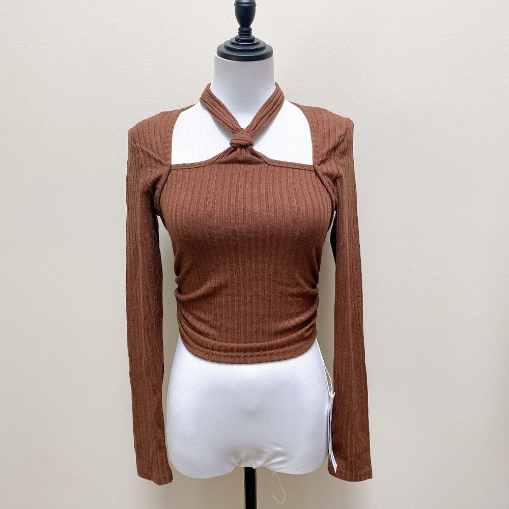 NWT Brown Women Sexy Slim Cutout Ribbed Knit Strap Long Sleeve Top Shirt